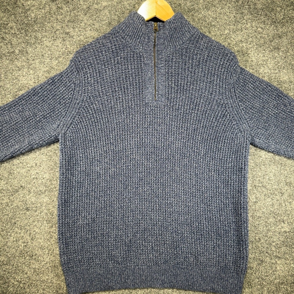 L.L. Bean Waffle Knit 1/4 Zip Sweater Men Medium Blue Marled Chunky Cotton Blend - Picture 4 of 9